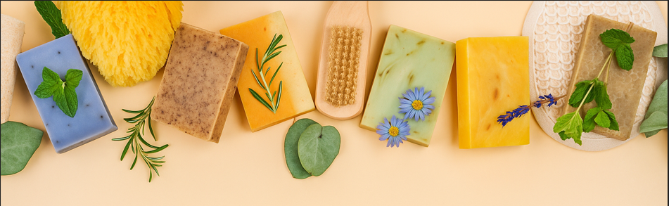 Seasonal soap collection on natural jute and bamboo textures