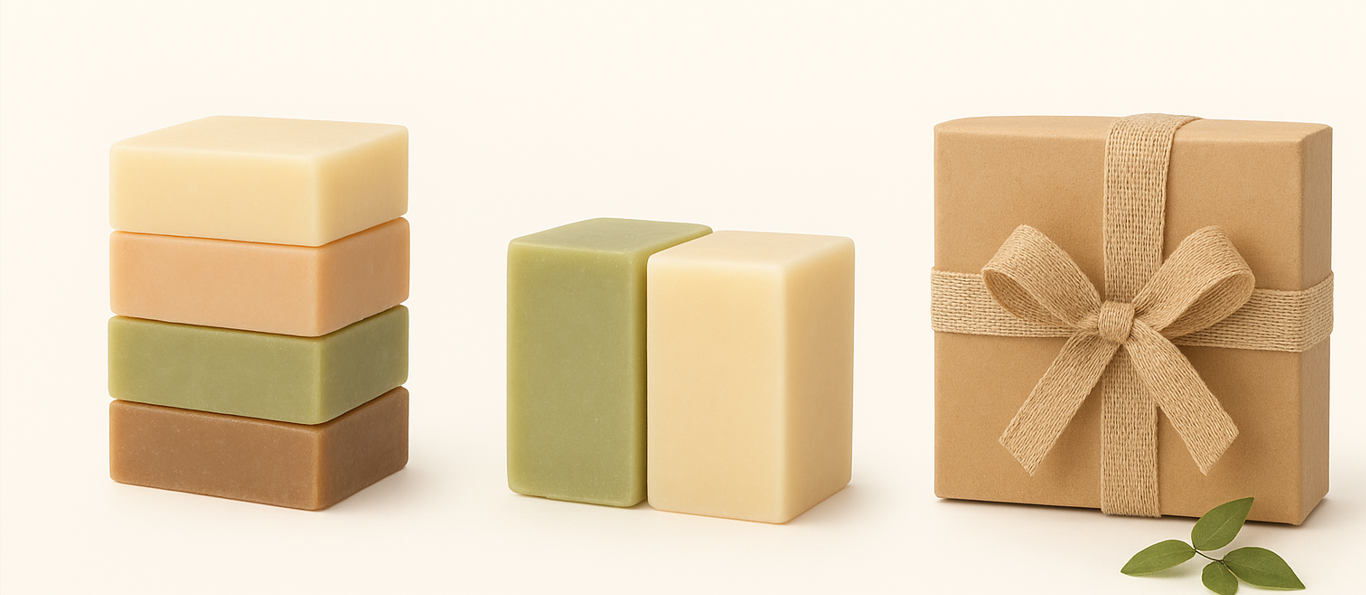Stacked natural soaps and a gift box